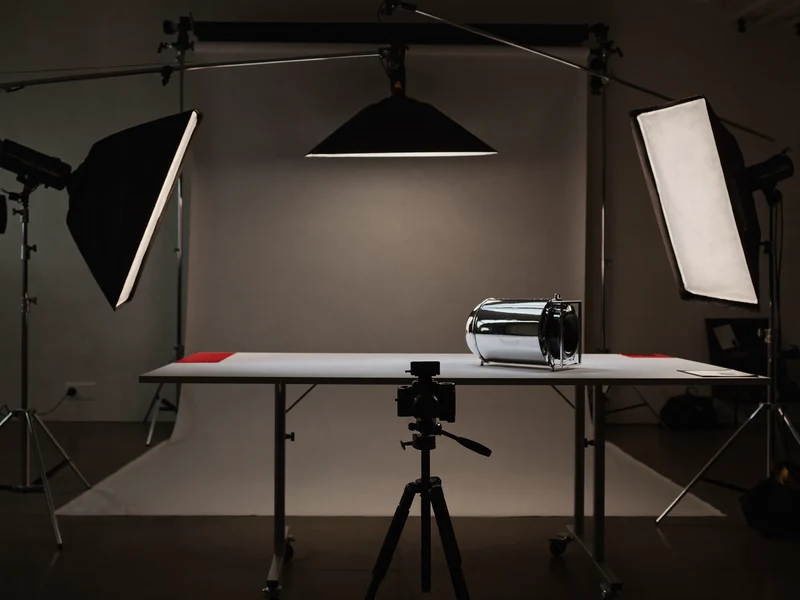 Illustration eines Produktfotostudios mit Kamera auf Stativ, Softboxen und gewölbtem Papierhintergrund